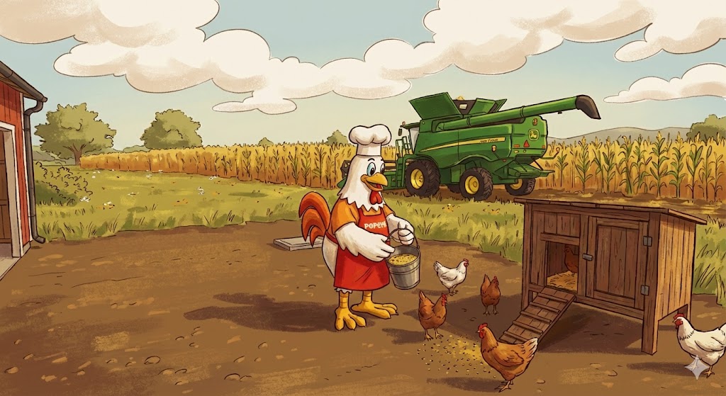 image of the chicken mascot from the popeyes chicken restaurant in the video game farming simulator. 
            the mascot, tending to a coop of chickens with a combine harvestor in the background.
            harvestings a large field of corn.