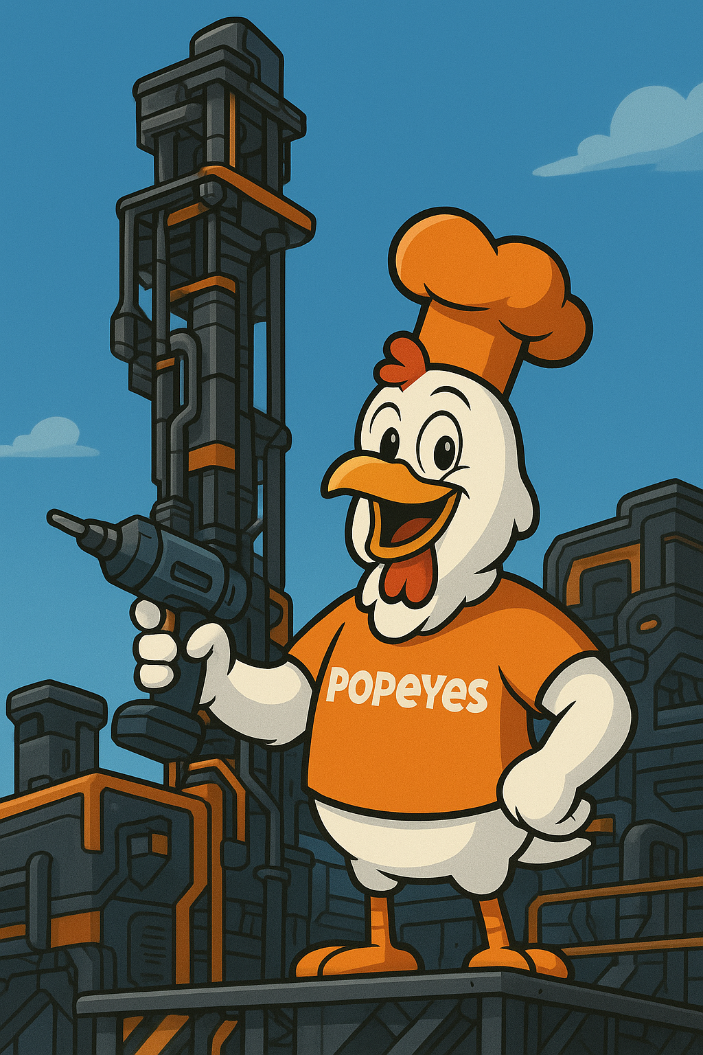 image of the mascot from the popeyes chicken restaurant 
            in the video game Satisfactory holding a drill with industrial buildings in the background
