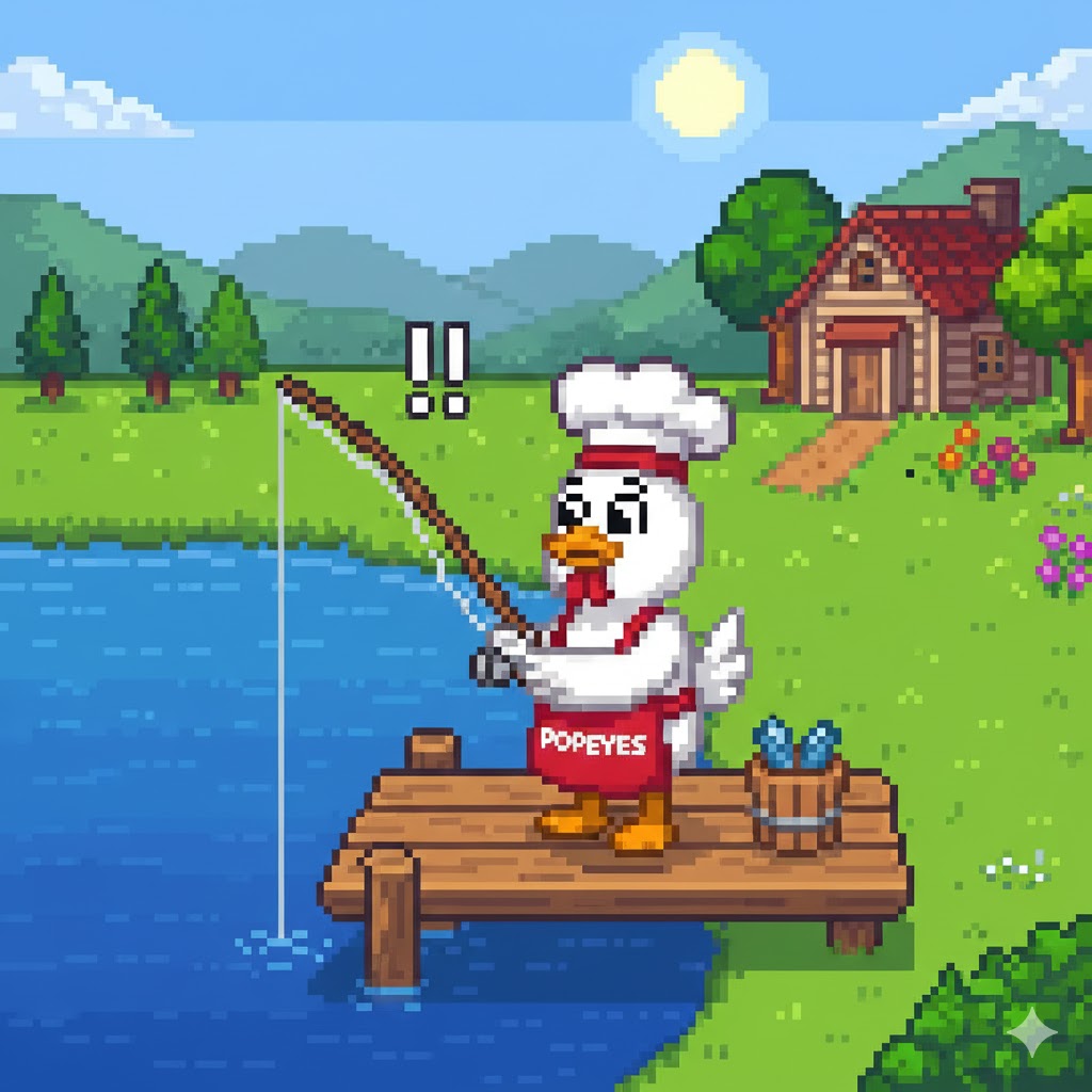  image of the chicken mascot from the 
            popeyes chicken restaurant in the video game stardew valley.
            the mascot is fishing.